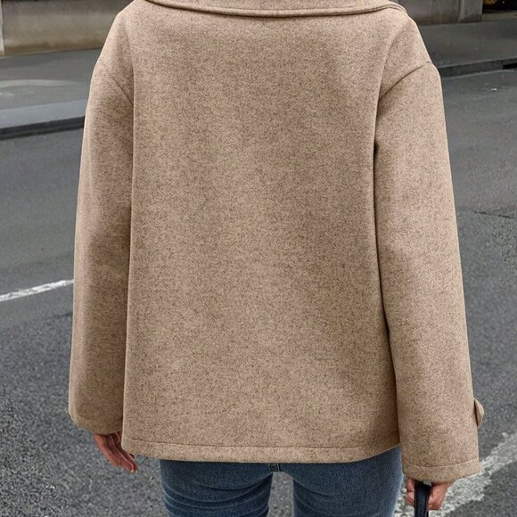 Khaki Casual Women's Double-Breasted Long Sleeve Loose Wool Coat - Picture 2 of 6